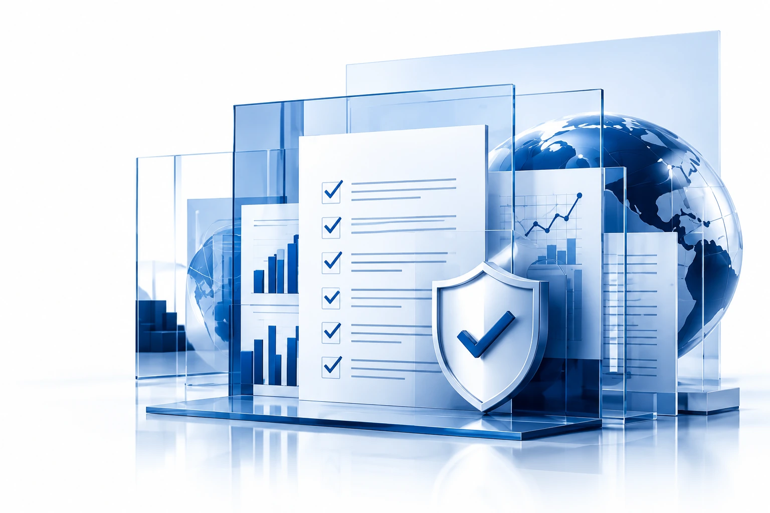 Governance records, evidence checks and global assurance represented through a cool blue institutional composition